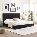 Okak King Size Bed Frame with Linen Fabric Headboard, Upholstered Platform Bed Frame with Wood Slat Support for Bedroom, Black