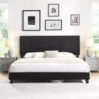 Cadre de lit Okak King Size avec tête de lit en tissu de lin, cadre de lit plateforme rembourré avec support à lattes en bois pour chambre à coucher, noir
