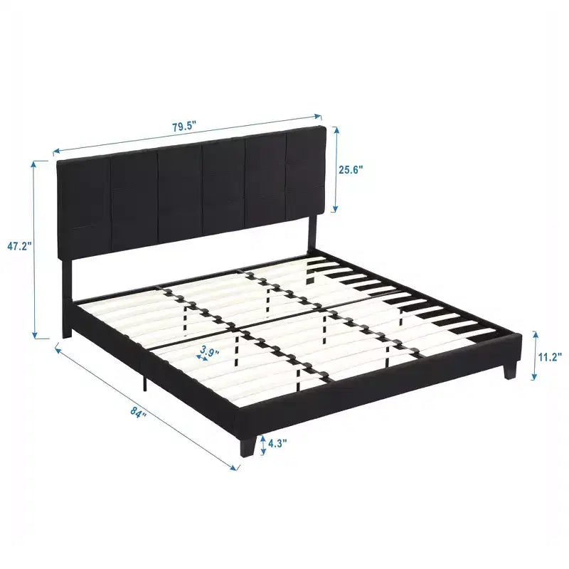 Cadre de lit Okak King Size avec tête de lit en tissu de lin, cadre de lit plateforme rembourré avec support à lattes en bois pour chambre à coucher, noir