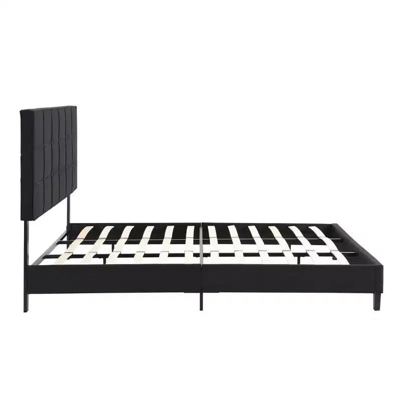 Cadre de lit Okak King Size avec tête de lit en tissu de lin, cadre de lit plateforme rembourré avec support à lattes en bois pour chambre à coucher, noir