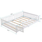 Lit double Okak avec tête de lit, Cadre de lit plateforme en bois massif avec barrière, Convient aux enfants, Bois de pin, Blanc