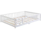 Lit double Okak avec tête de lit, Cadre de lit plateforme en bois massif avec barrière, Convient aux enfants, Bois de pin, Blanc