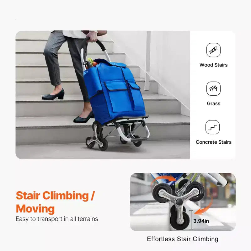 VEVOR Chariot Escalier Diable, Chariot de Courses Pliant 36L, Chariot de Courses à Main pour Linge avec 6 Roues et Sac en Tissu Oxford