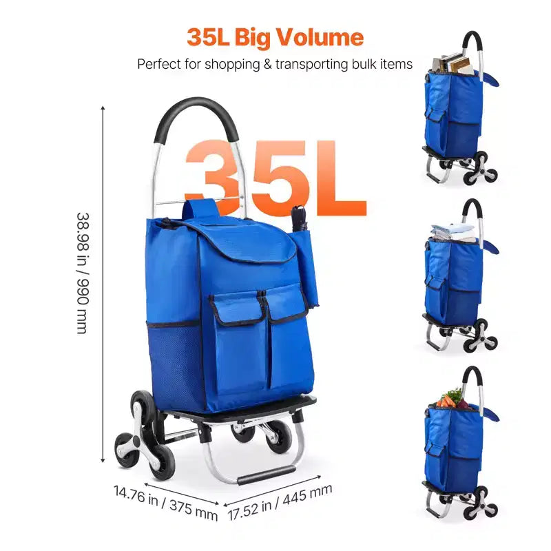 VEVOR Chariot Escalier Diable, Chariot de Courses Pliant 36L, Chariot de Courses à Main pour Linge avec 6 Roues et Sac en Tissu Oxford