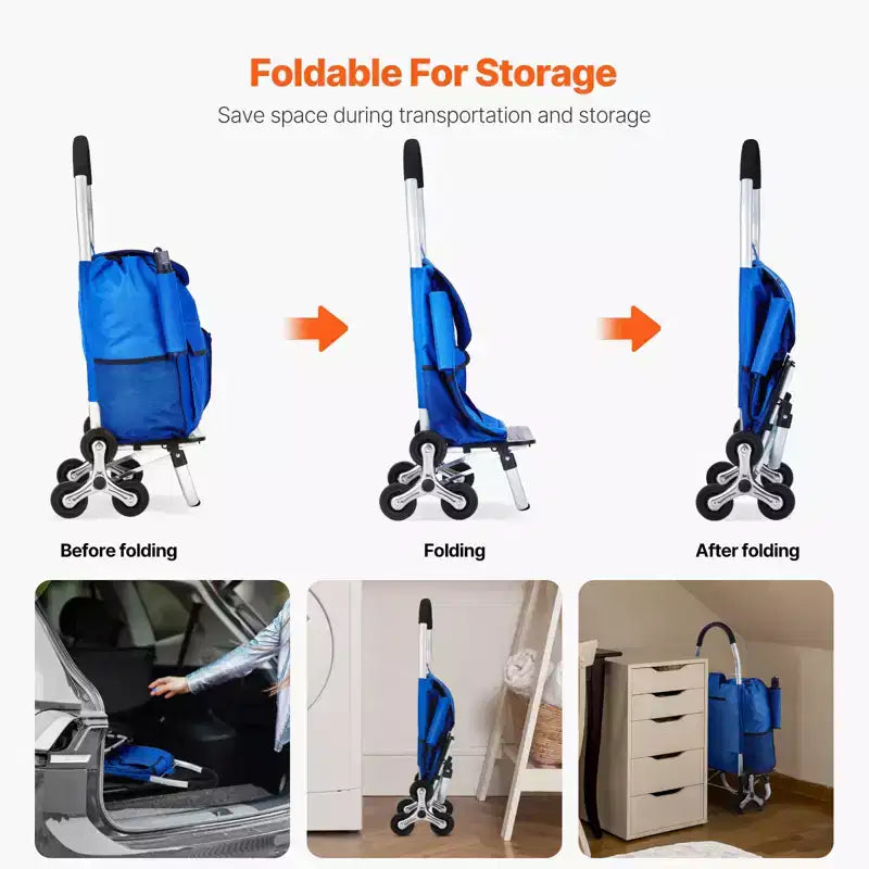 VEVOR Chariot Escalier Diable, Chariot de Courses Pliant 36L, Chariot de Courses à Main pour Linge avec 6 Roues et Sac en Tissu Oxford