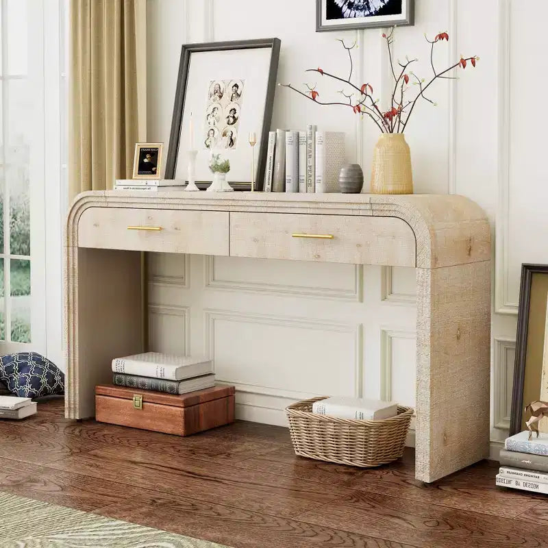 Unique Retro Silhouette Console Table with Open Style, Two Top Drawers for Entrance, Dinning Room, Living Room (Natural Wood Wash)
