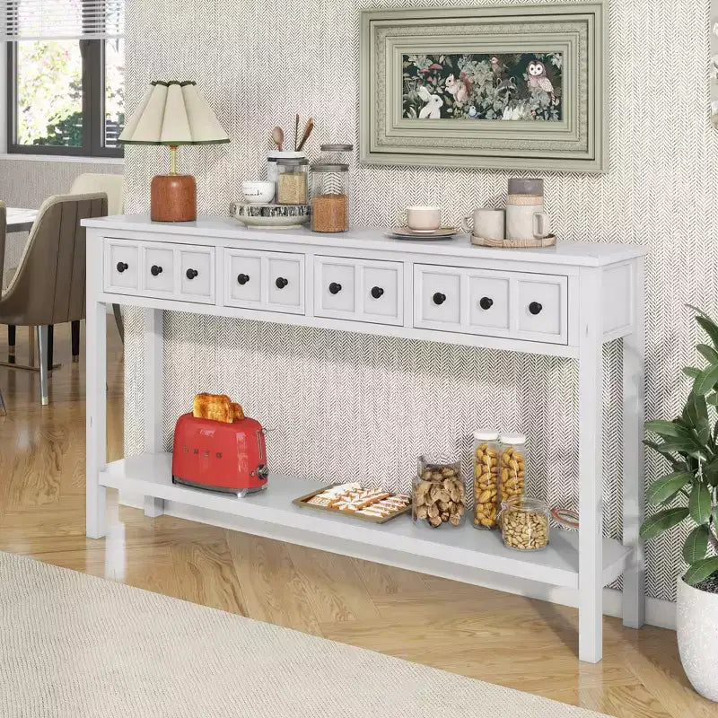 Console d'entrée rustique, table de canapé de 152 cm de long avec deux tiroirs de tailles différentes et une étagère inférieure pour le rangement (Espresso)