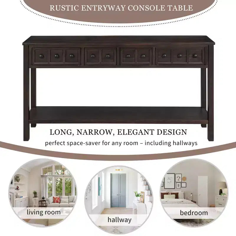 Console d'entrée rustique, table de canapé de 152 cm de long avec deux tiroirs de tailles différentes et une étagère inférieure pour le rangement (Espresso)