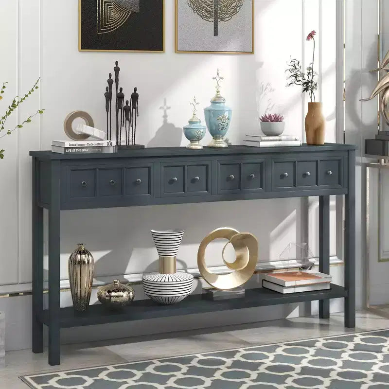 Console d'entrée rustique, table de canapé de 152 cm de long avec deux tiroirs de tailles différentes et une étagère inférieure pour le rangement (Espresso)