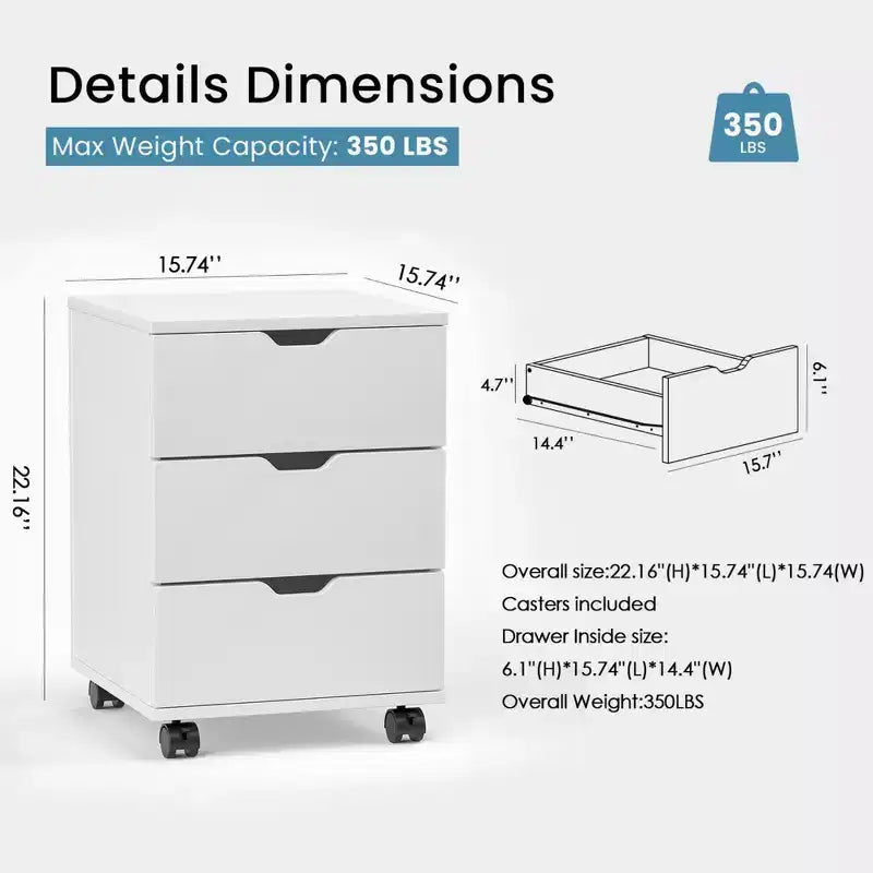 Classeur à Tiroirs Vertical Meuble de Rangement en Bois Mobile Sous le Bureau pour le Bureau à Domicile avec Roulettes