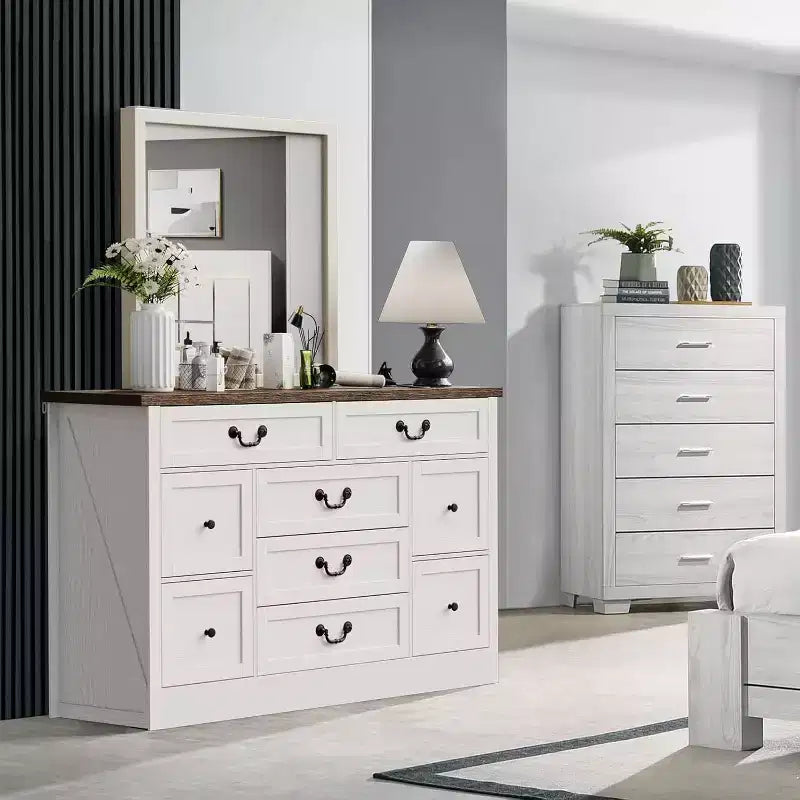 Commode 9 tiroirs avec station de charge, meuble TV vintage, commode en bois massif avec poignées métalliques, pour salon, couloir, chambre à coucher