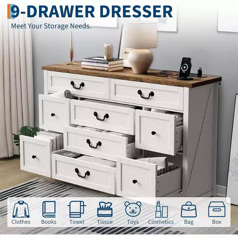 Commode 9 tiroirs avec station de charge, meuble TV vintage, commode en bois massif avec poignées métalliques, pour salon, couloir, chambre à coucher