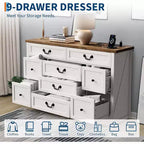 Commode 9 tiroirs avec station de charge, meuble TV vintage, commode en bois massif avec poignées métalliques, pour salon, couloir, chambre à coucher