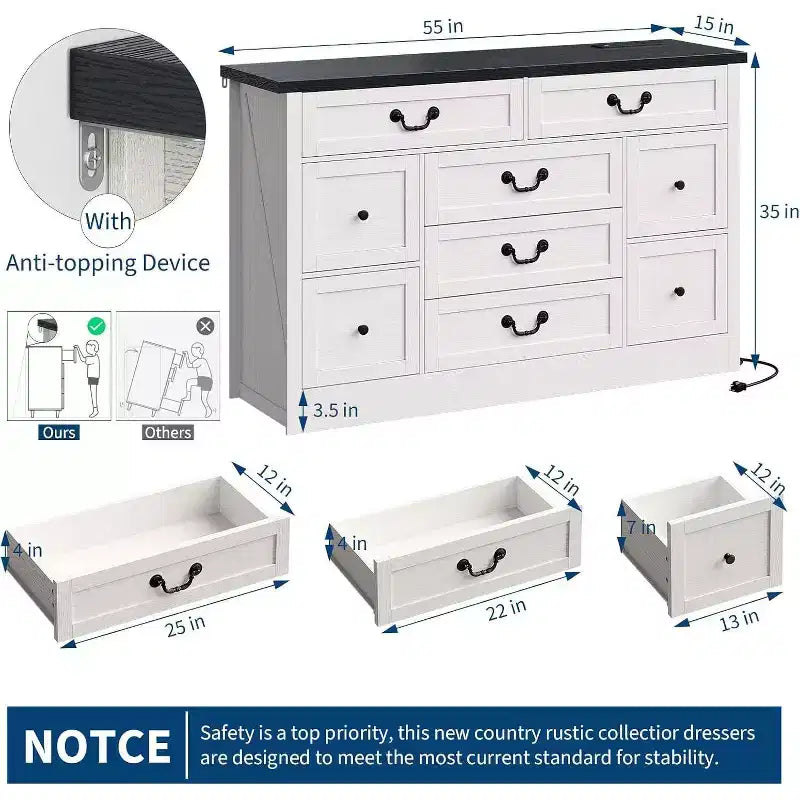 Commode 9 tiroirs avec station de charge, meuble TV vintage, commode en bois massif avec poignées métalliques, pour salon, couloir, chambre à coucher