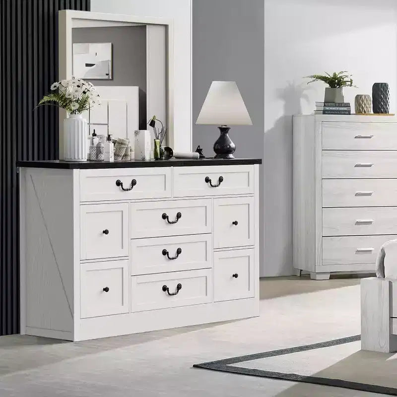 Commode 9 tiroirs avec station de charge, meuble TV vintage, commode en bois massif avec poignées métalliques, pour salon, couloir, chambre à coucher