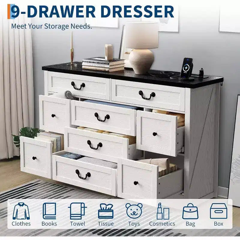 Commode 9 tiroirs avec station de charge, meuble TV vintage, commode en bois massif avec poignées métalliques, pour salon, couloir, chambre à coucher