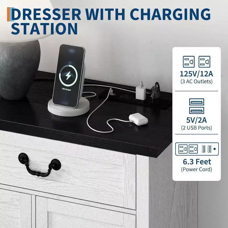 Commode 9 tiroirs avec station de charge, meuble TV vintage, commode en bois massif avec poignées métalliques, pour salon, couloir, chambre à coucher