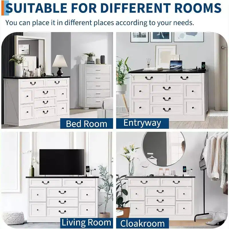 Commode 9 tiroirs avec station de charge, meuble TV vintage, commode en bois massif avec poignées métalliques, pour salon, couloir, chambre à coucher