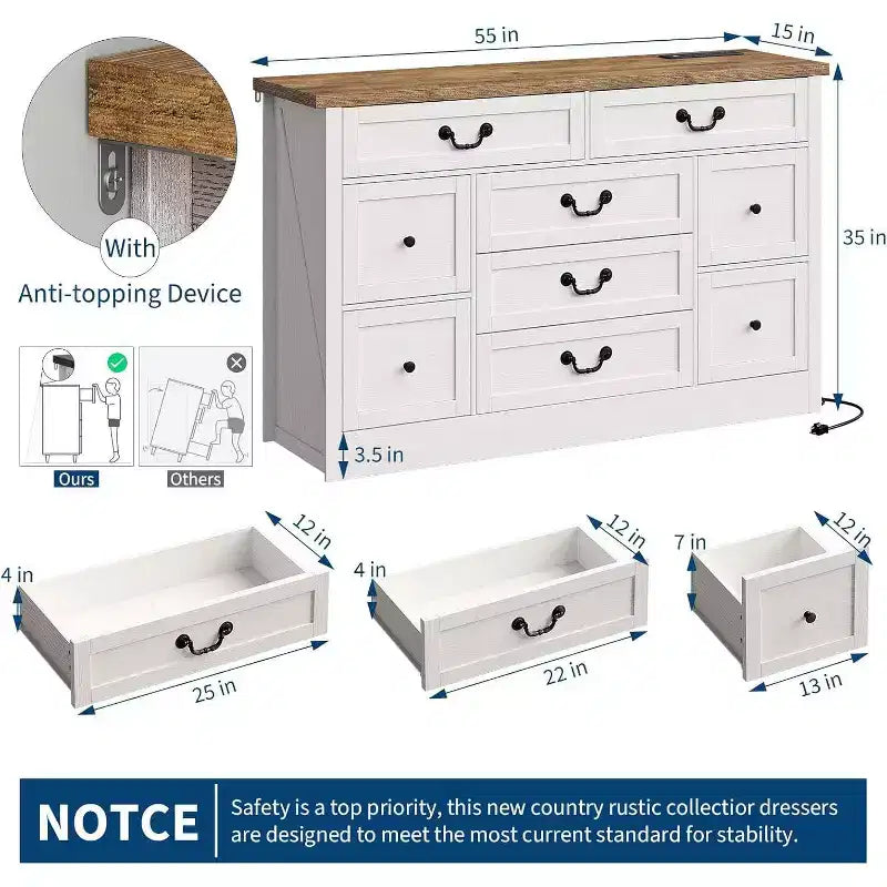 Commode 9 tiroirs avec station de charge, meuble TV vintage, commode en bois massif avec poignées métalliques, pour salon, couloir, chambre à coucher