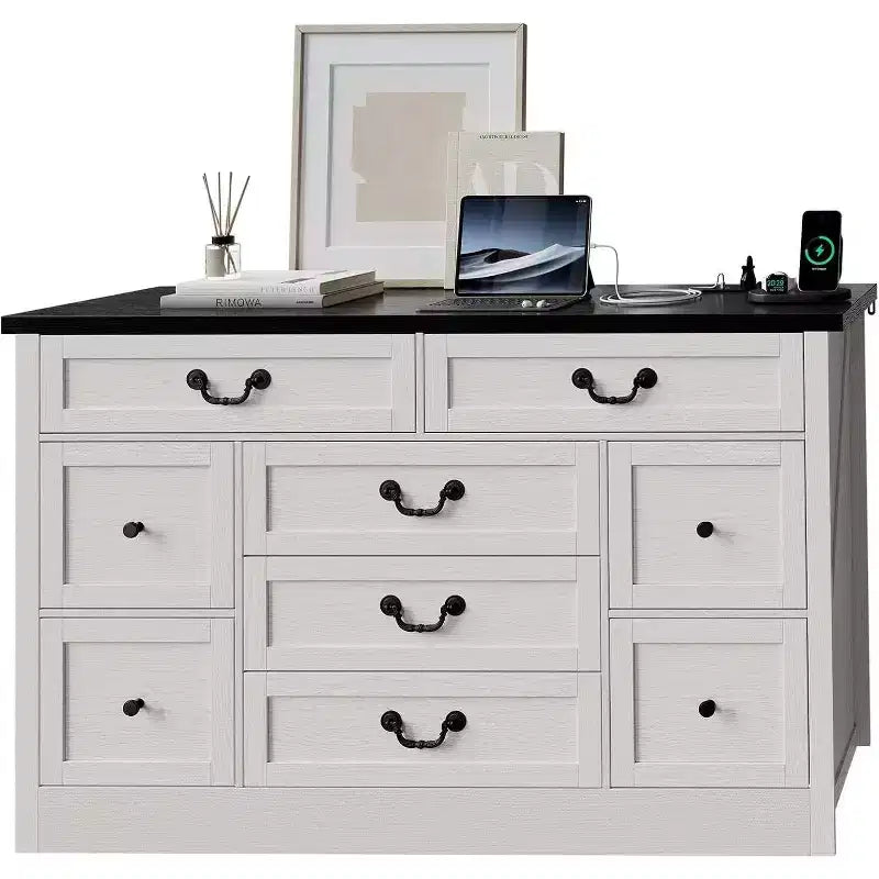 9 Drawer Dresser with Charging Stand, Vintage TV Stand, Solid Wood Chest of Drawers with Metal Knobs, Living Room, Hallway, Bedroom