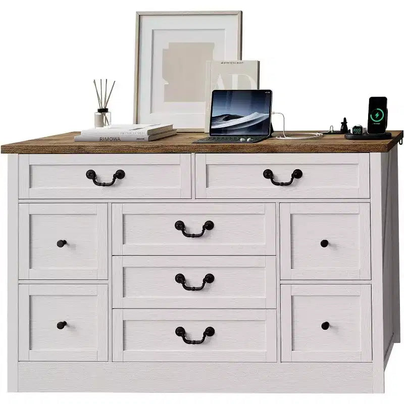 Commode 9 tiroirs avec station de charge, meuble TV vintage, commode en bois massif avec poignées métalliques, pour salon, couloir, chambre à coucher
