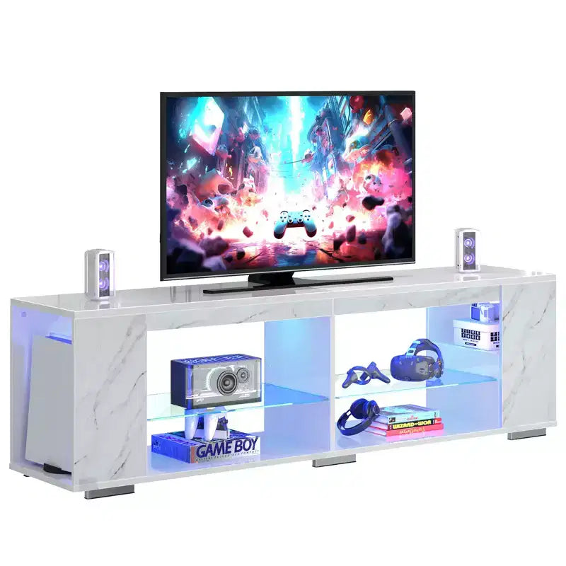 PINMOCO Meuble TV laqué brillant de 178 cm pour téléviseurs jusqu'à 80 pouces avec éclairage LED et étagères latérales réglables Meuble multimédia
