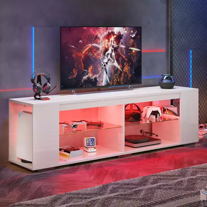 PINMOCO Meuble TV laqué brillant de 178 cm pour téléviseurs jusqu'à 80 pouces avec éclairage LED et étagères latérales réglables Meuble multimédia