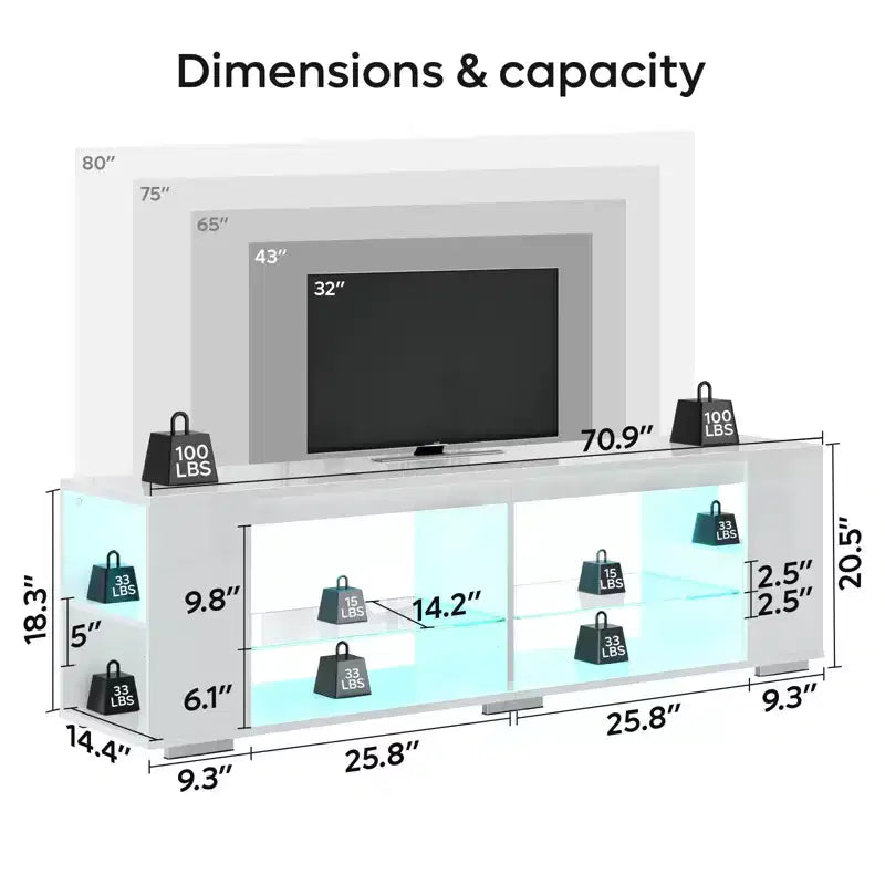 PINMOCO Meuble TV laqué brillant de 178 cm pour téléviseurs jusqu'à 80 pouces avec éclairage LED et étagères latérales réglables Meuble multimédia