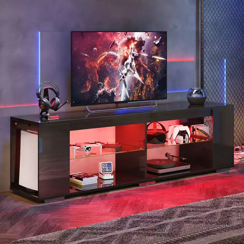 PINMOCO Meuble TV laqué brillant de 178 cm pour téléviseurs jusqu'à 80 pouces avec éclairage LED et étagères latérales réglables Meuble multimédia