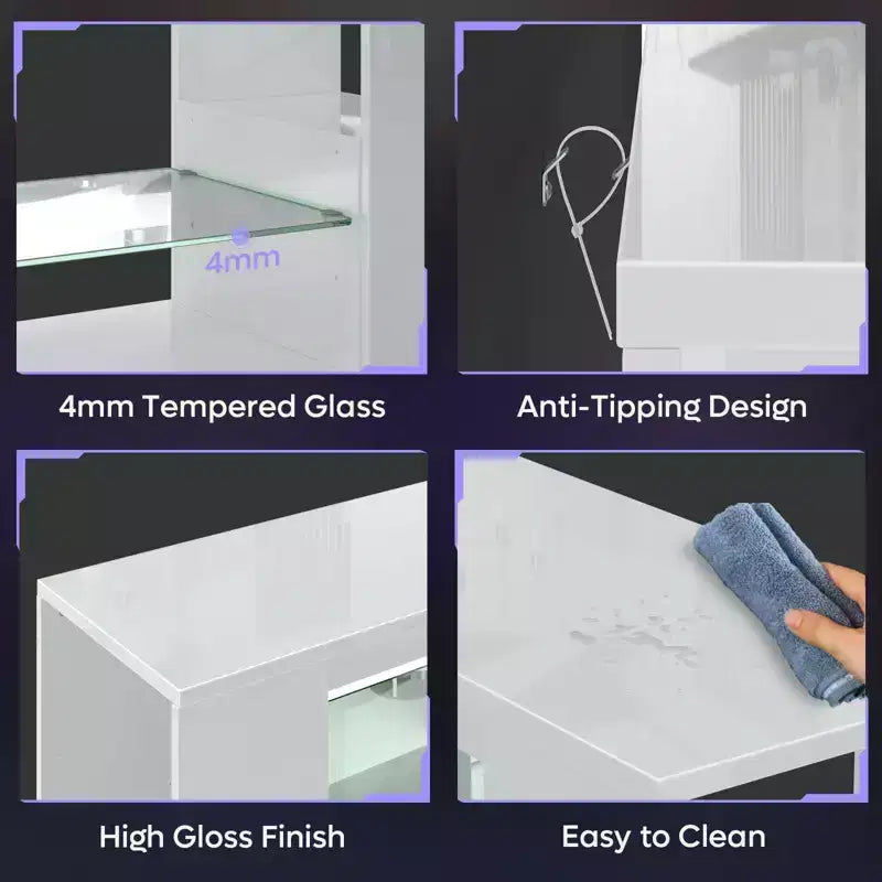 PINMOCO Meuble TV laqué brillant de 178 cm pour téléviseurs jusqu'à 80 pouces avec éclairage LED et étagères latérales réglables Meuble multimédia