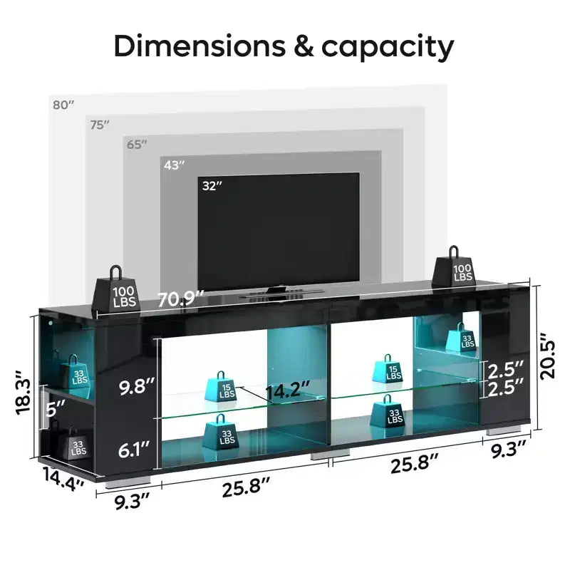 PINMOCO Meuble TV laqué brillant de 178 cm pour téléviseurs jusqu'à 80 pouces avec éclairage LED et étagères latérales réglables Meuble multimédia