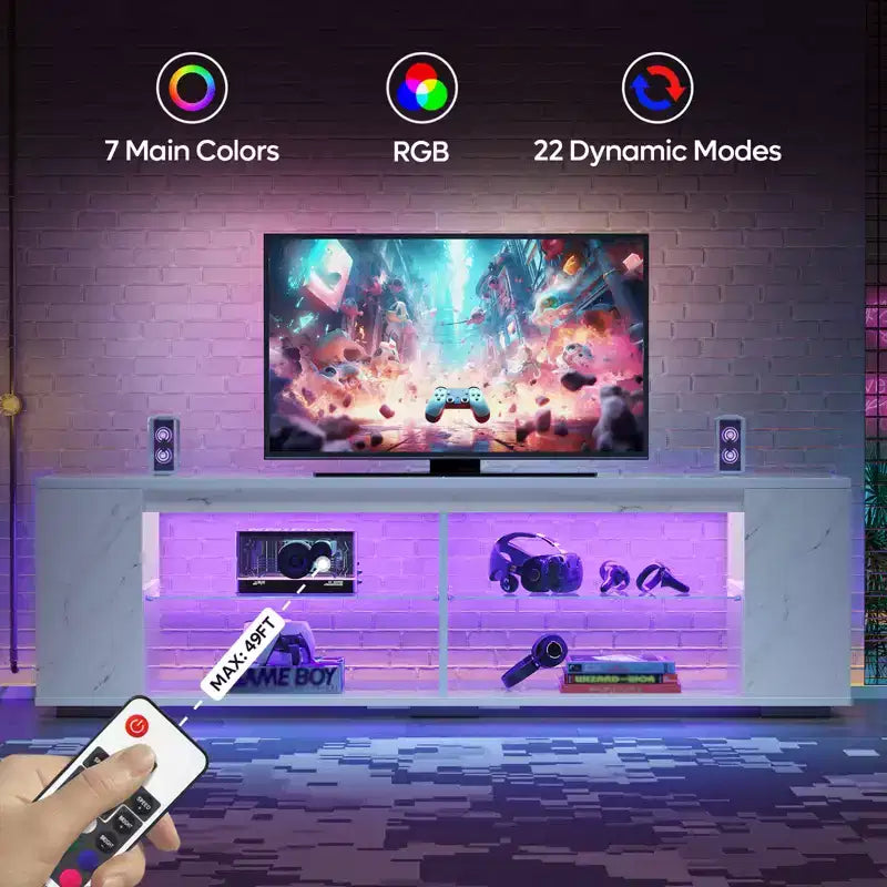 PINMOCO Meuble TV laqué brillant de 178 cm pour téléviseurs jusqu'à 80 pouces avec éclairage LED et étagères latérales réglables Meuble multimédia