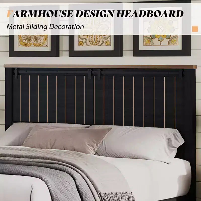 AMERLIFE Lit de style ferme avec tête de lit de 119 cm de haut et portes de grange coulissantes