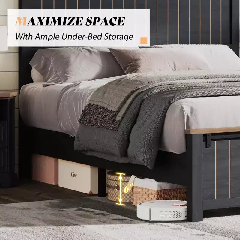 AMERLIFE Lit de style ferme avec tête de lit de 119 cm de haut et portes de grange coulissantes