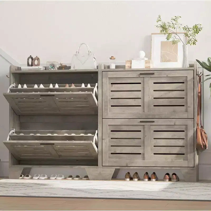 Meuble à chaussures pour entrée, meuble à chaussures avec 2 tiroirs basculants, meuble de rangement à chaussures fin de style ferme avec crochets pour entrée, couloir, porte d'entrée