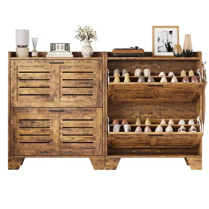 Shoe Cabinet for Entryway, Shoe Cabinet with 2 Flip Drawers, Farmhouse Thin Shoe Organizer Cabinet with Hooks for Entrance, Hallway, Front Door