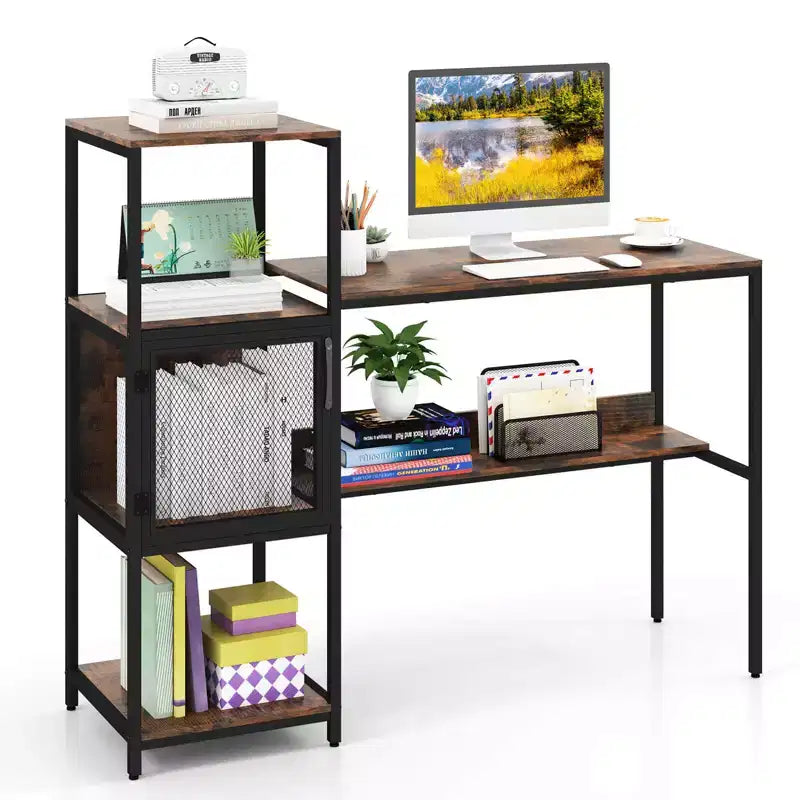 Bureau informatique Costway avec étagère, grand plateau large, étagères de rangement, cadre en métal