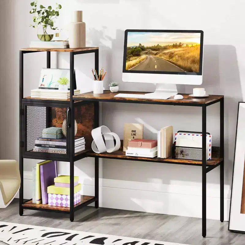 Bureau informatique Costway avec étagère, grand plateau large, étagères de rangement, cadre en métal