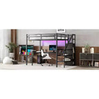 Okak Full XL Metal High Loft Bunk Bed with L-shaped Desk & USB Heavy Duty Bedframe with Wardrobe & Adjustable Shelf LED for Adults Teens Kids, Black