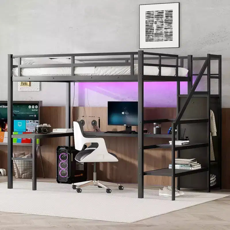 Okak Lit superposé haut en métal Full XL avec bureau en L et USB, cadre de lit robuste avec armoire et étagère réglable LED pour adultes, adolescents, enfants, noir