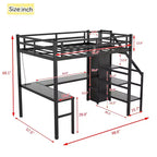 Okak Lit superposé haut en métal Full XL avec bureau en L et USB, cadre de lit robuste avec armoire et étagère réglable LED pour adultes, adolescents, enfants, noir