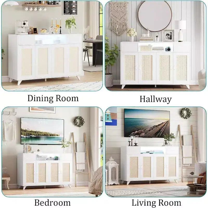 Meuble de buffet Acekool avec station de recharge et lumières LED - Rangement réglable pour cuisine, salle à manger et salon (noir)