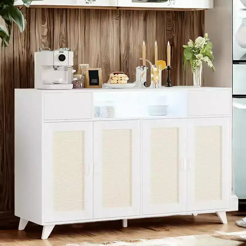 Meuble de buffet Acekool avec station de recharge et lumières LED - Rangement réglable pour cuisine, salle à manger et salon (noir)
