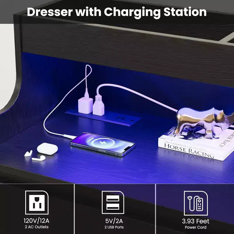 Commode de 51" de large, 6 tiroirs, commode moderne, avec lumières LED, station de charge, étagère ouverte, pour salon