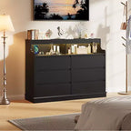 Commode de 51" de large, 6 tiroirs, commode moderne, avec lumières LED, station de charge, étagère ouverte, pour salon