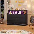 Commode de 51" de large, 6 tiroirs, commode moderne, avec lumières LED, station de charge, étagère ouverte, pour salon