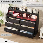 Commode de 51" de large, 6 tiroirs, commode moderne, avec lumières LED, station de charge, étagère ouverte, pour salon