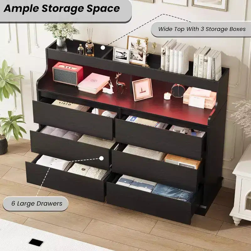 Commode de 51" de large, 6 tiroirs, commode moderne, avec lumières LED, station de charge, étagère ouverte, pour salon