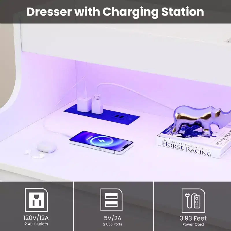 Commode de 51" de large, 6 tiroirs, commode moderne, avec lumières LED, station de charge, étagère ouverte, pour salon