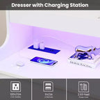 Commode de 51" de large, 6 tiroirs, commode moderne, avec lumières LED, station de charge, étagère ouverte, pour salon